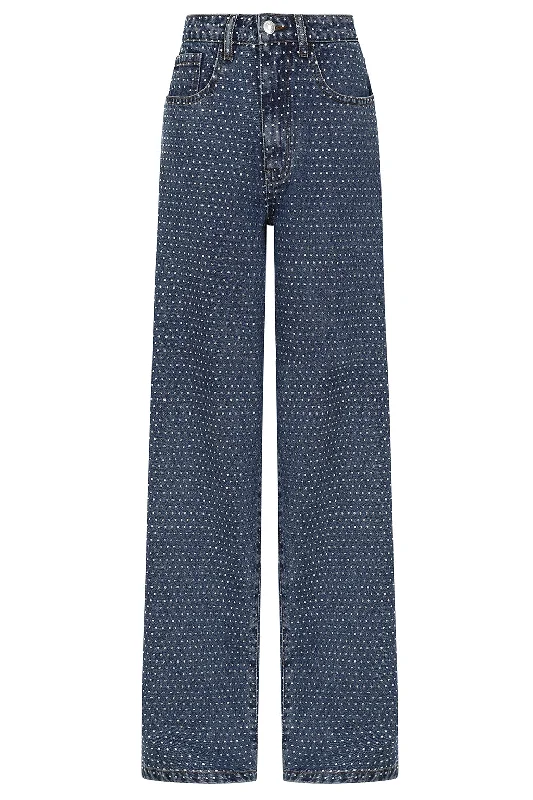 LILLIE Crystal Embellished Straight Leg Denim Jeans in Dark Blue