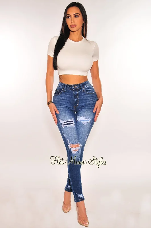 Dark Denim High Rise Skinny Ankle Ripped Jeans