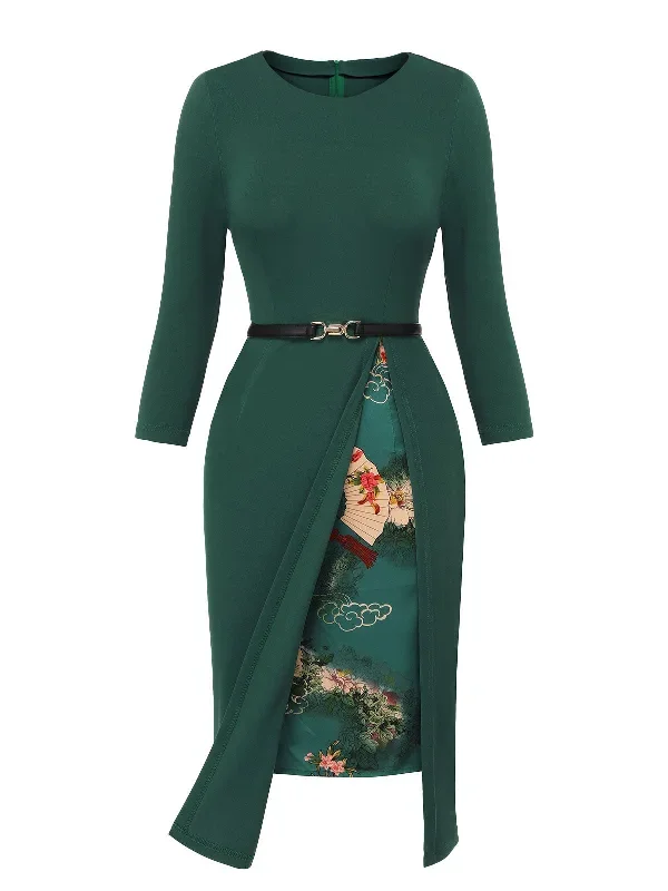 dark-green-1940s-chinese-style-floral-belt-dress