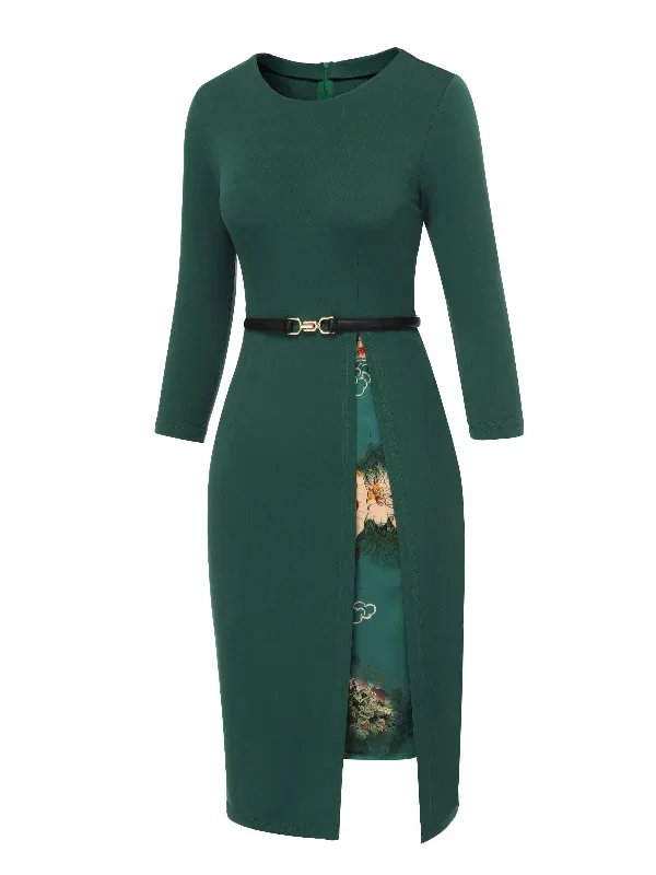 dark-green-1940s-chinese-style-floral-belt-dress