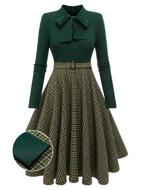 Dark Green 1950s Plaid Knitting Dress