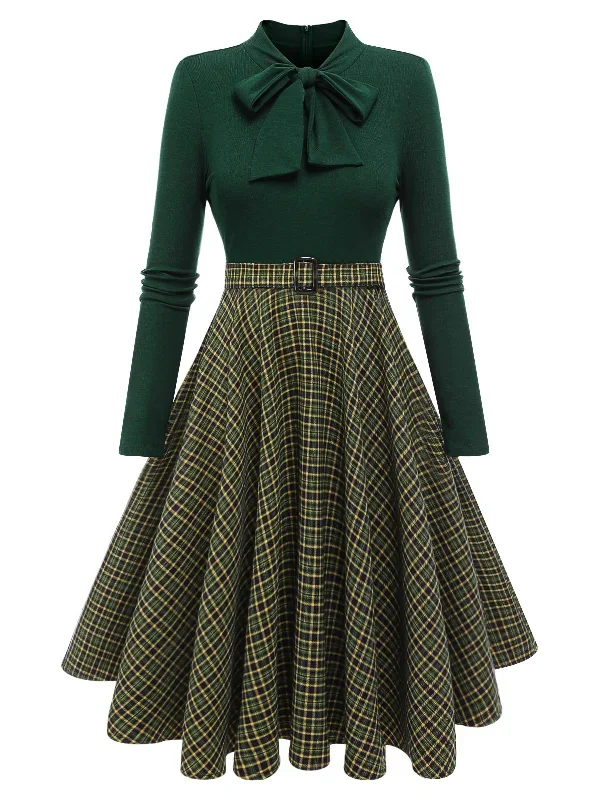 dark-green-1950s-plaid-knitting-dress