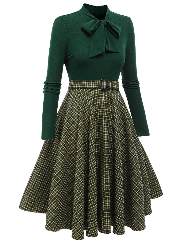 dark-green-1950s-plaid-knitting-dress