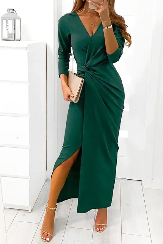 elegant-solid-slit-fold-v-neck-evening-dress-dresses