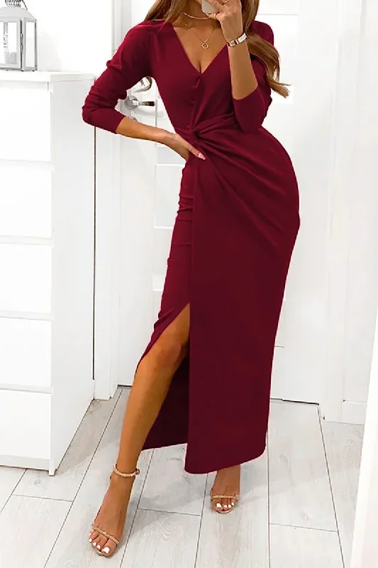 elegant-solid-slit-fold-v-neck-evening-dress-dresses