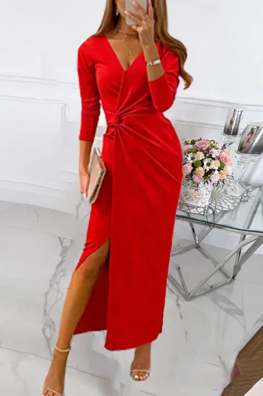 elegant-solid-slit-fold-v-neck-evening-dress-dresses