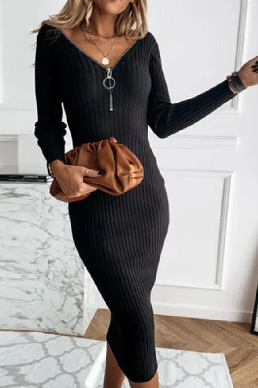 fashion-elegant-solid-split-joint-zipper-v-neck-pencil-skirt-dresses