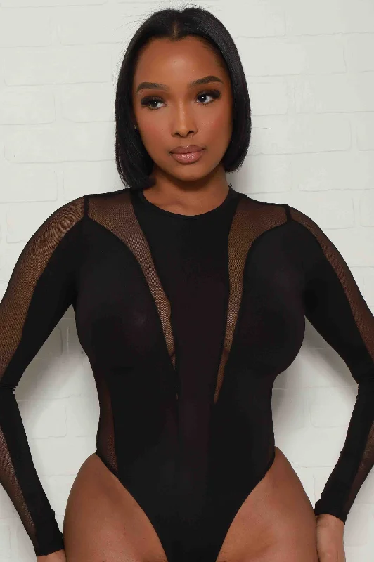 Freefall Long Sleeve Sheer Panel Bodysuit - Black