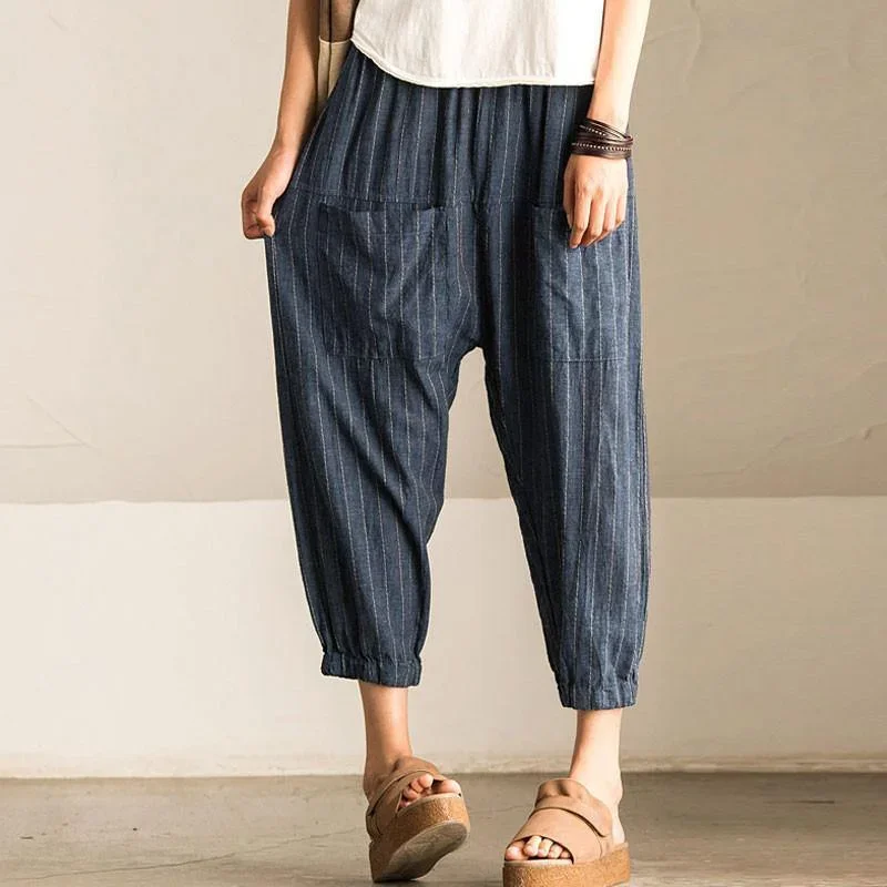 French cotton clothes For Women Plus Size Summer Women Loose Stripe Stripe Lantern Pants