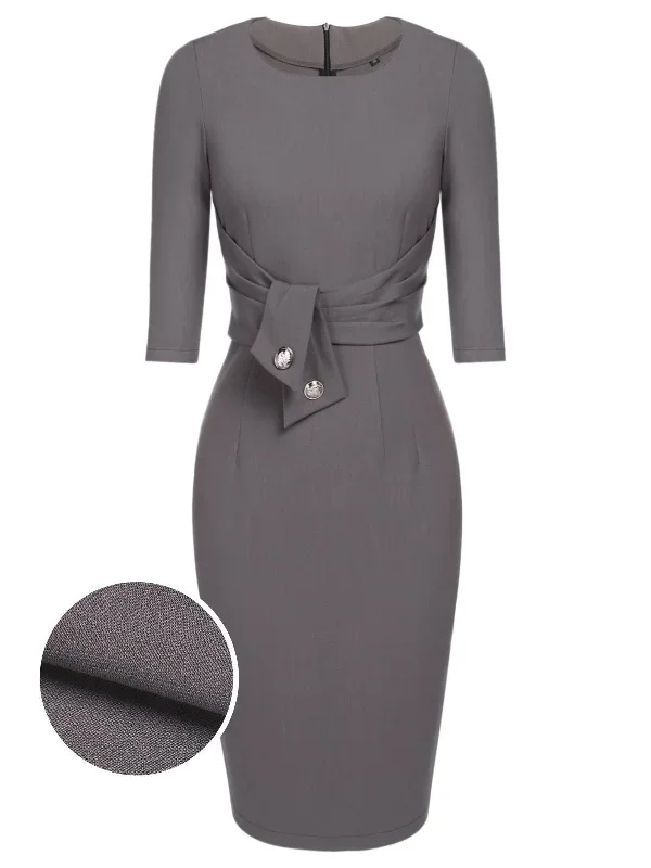 Gray 1960s Belt Solid Pencil Dress