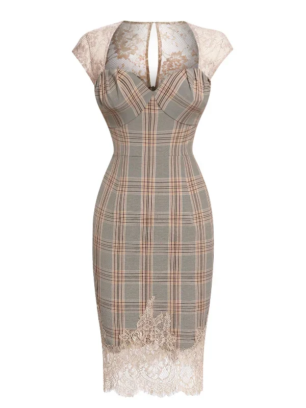 gray-1960s-plaid-lace-pencil-dress