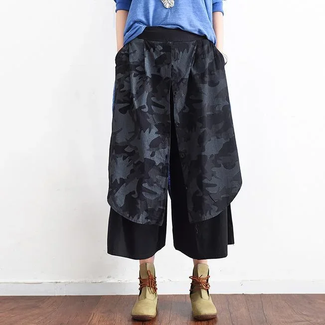 gray black plus size casual cotton pants prints vintage wide leg pants