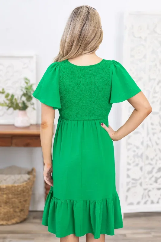 green-scoop-neck-smocking-woven-dress