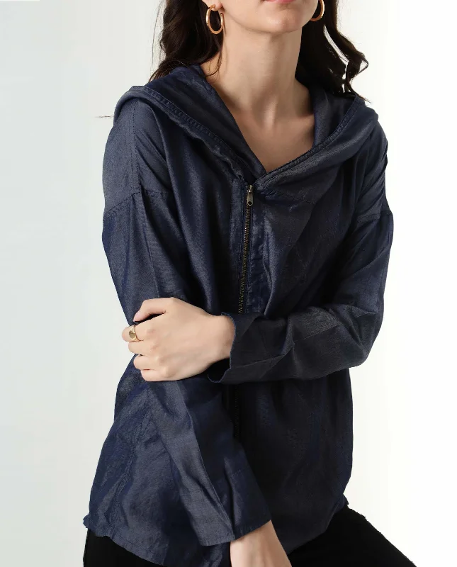 Rareism Womens Hemp Bark Blue Hoodie Zipper Closure