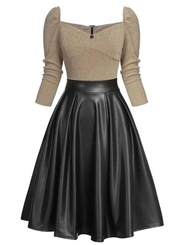 khaki-1950s-knitted-leather-patchwork-dress