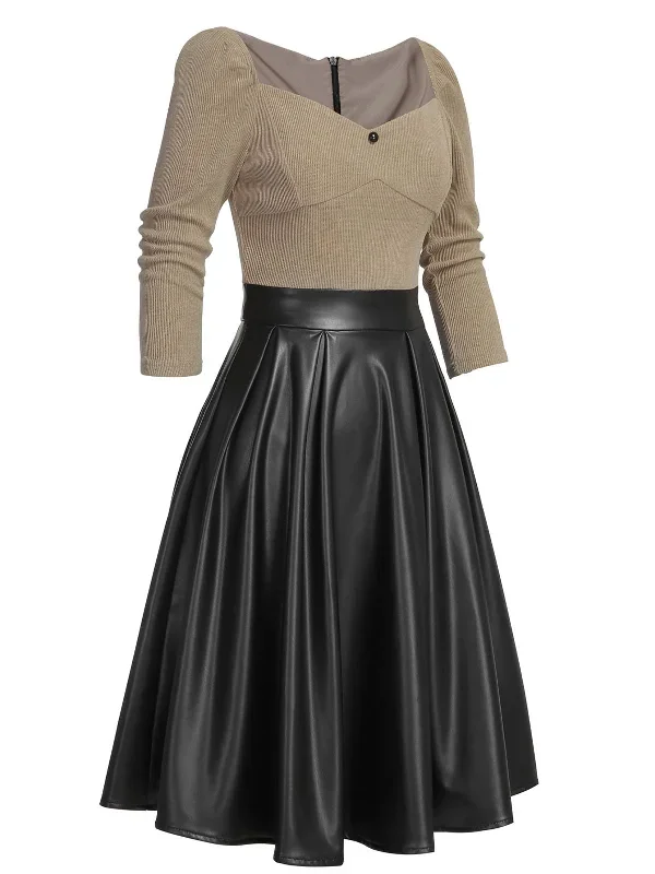 khaki-1950s-knitted-leather-patchwork-dress