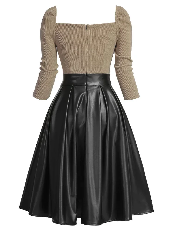 khaki-1950s-knitted-leather-patchwork-dress