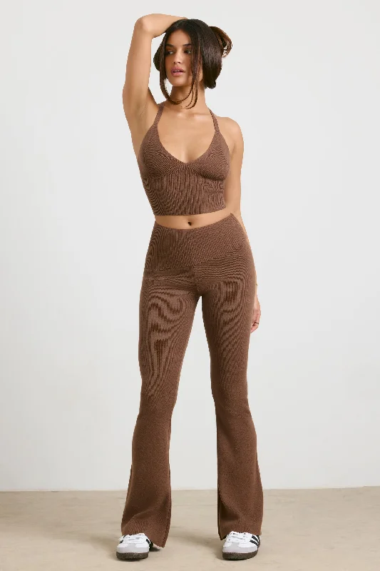 Muse - Chunky Knit Kick Flare Trousers in Espresso