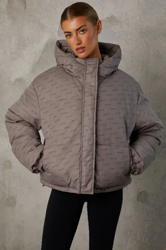 Layer Up - Reversible Hooded Puffer Jacket in Warm Grey