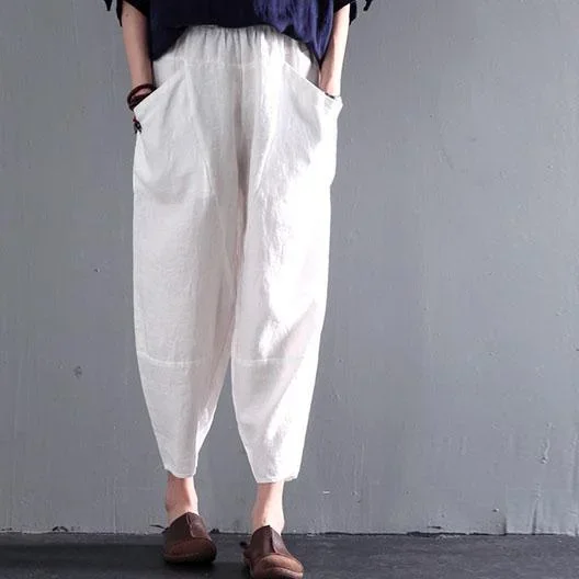 Loose summer linen pants plus size in white