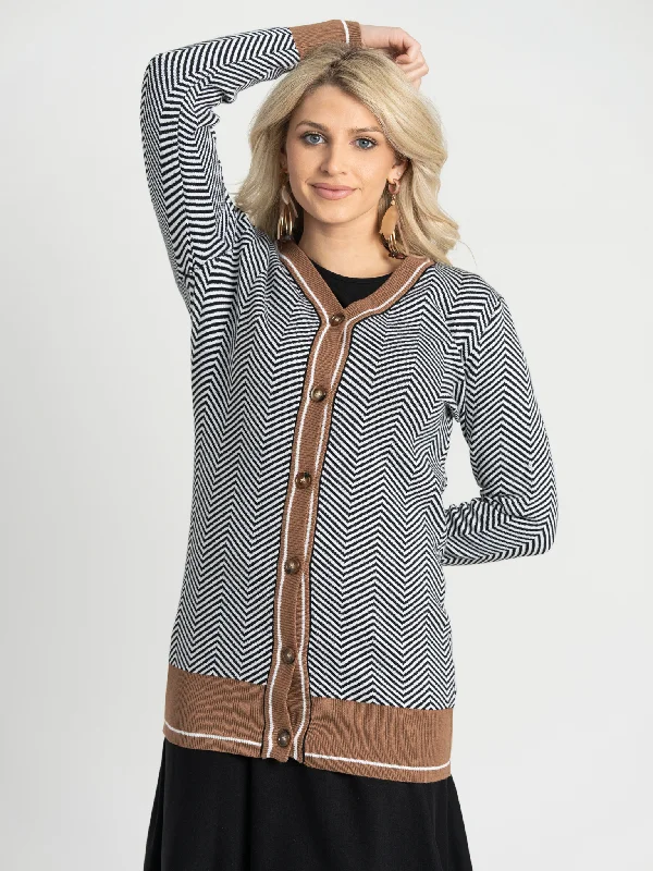 Midi Sweater Knit Herringbone Design Cardigan