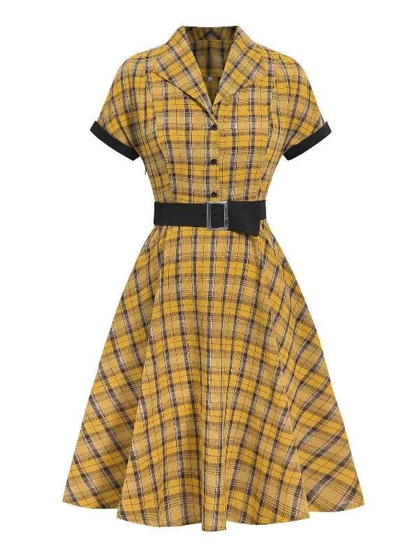 Mustard 1950s Plaid Belt Swing Dress