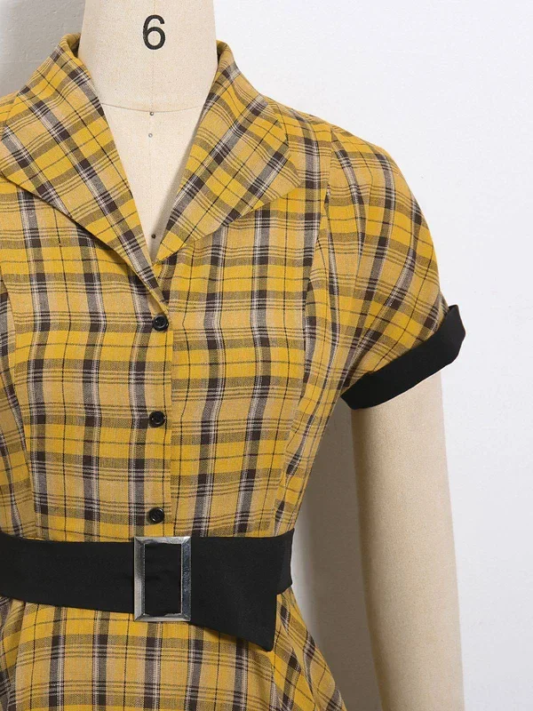 mustard-1950s-plaid-belt-swing-dress