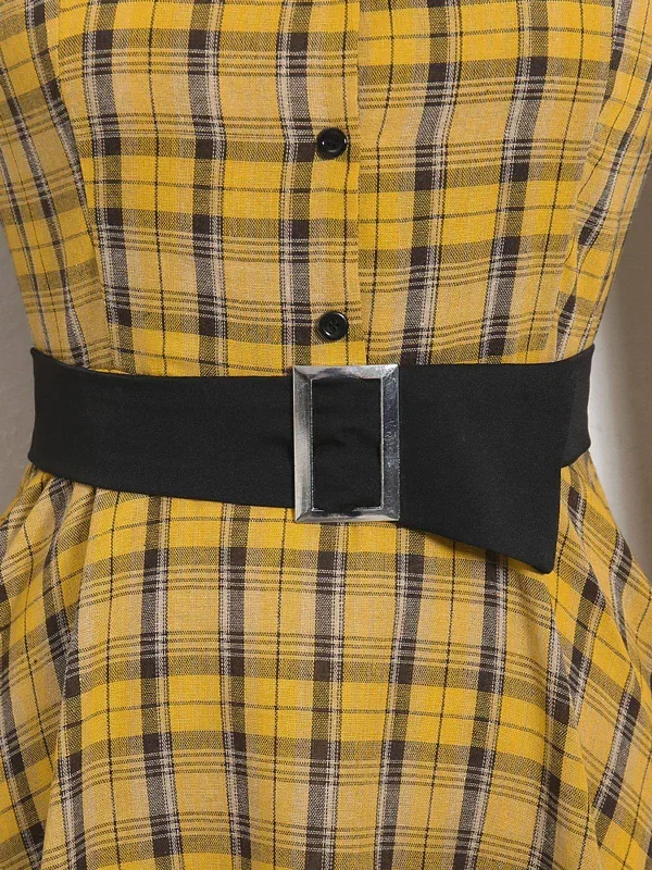 mustard-1950s-plaid-belt-swing-dress