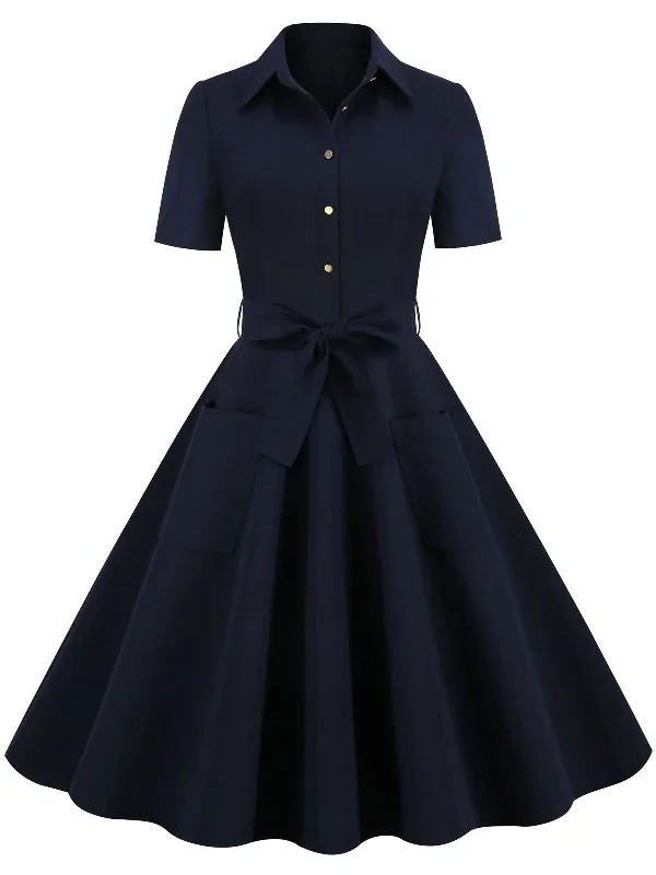 Navy Blue 1950s Solid Belt Swing Dress