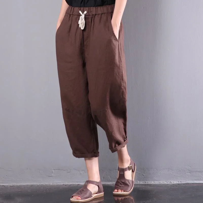 new brown loose linen pants plus size elastic waist crop pants