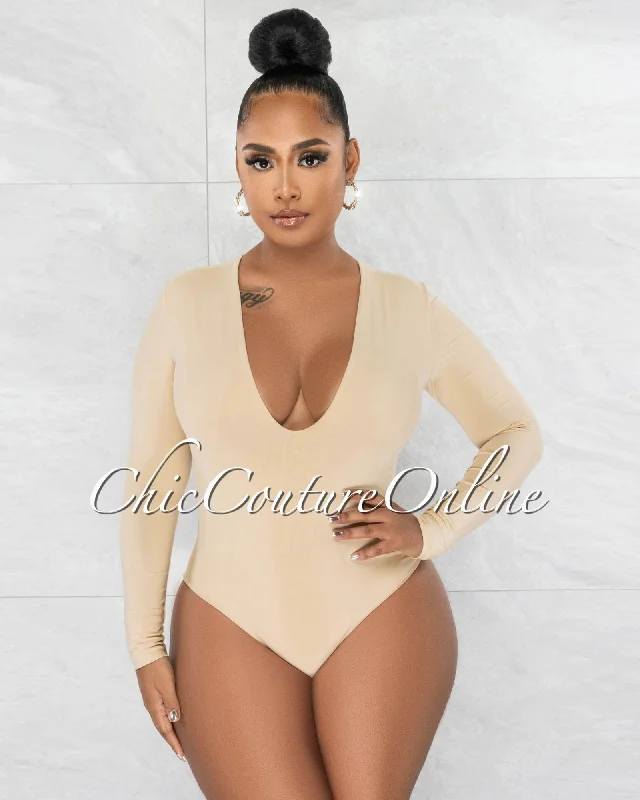 Nilam Nude Deep V Neck Long Sleeves Bodysuit