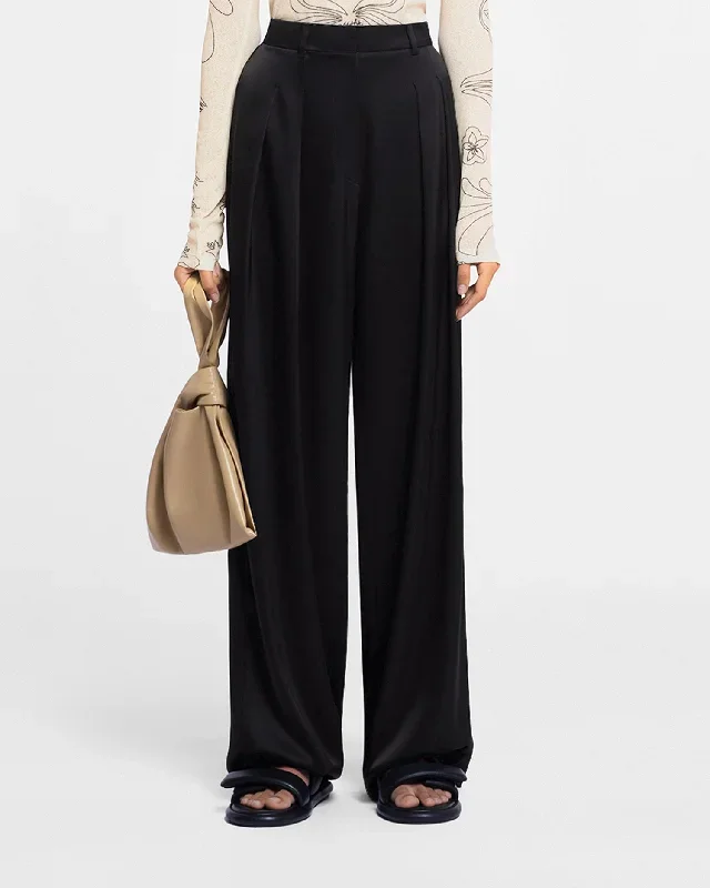 Lynda - Pleated Slip Satin Pants - Black