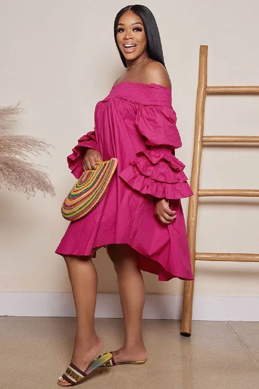 off-shoulder-tiered-puff-sleeve-loose-dress