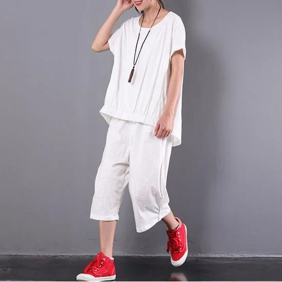 Original White Print Cotton Wrinkled T Shirt and Casual Crop Pants