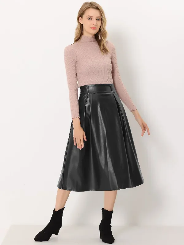 Faux Leather High Waist Belted A-line Flare Midi Skirt