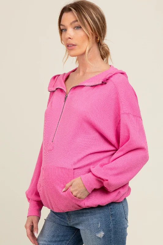 pink-waffle-knit-half-zip-relaxed-fit-maternity-hoodie