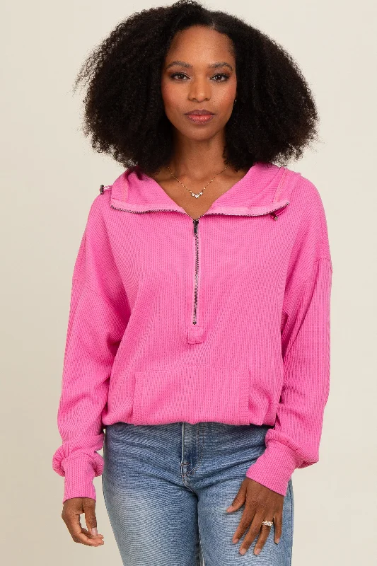 pink-waffle-knit-half-zip-relaxed-fit-maternity-hoodie