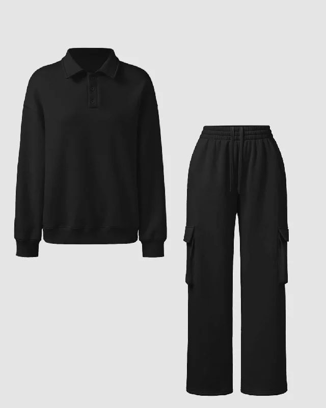 Polar Fleece Polo Sweatshirt & Elastic Waist Cargo Pants Two Piece Set In Black