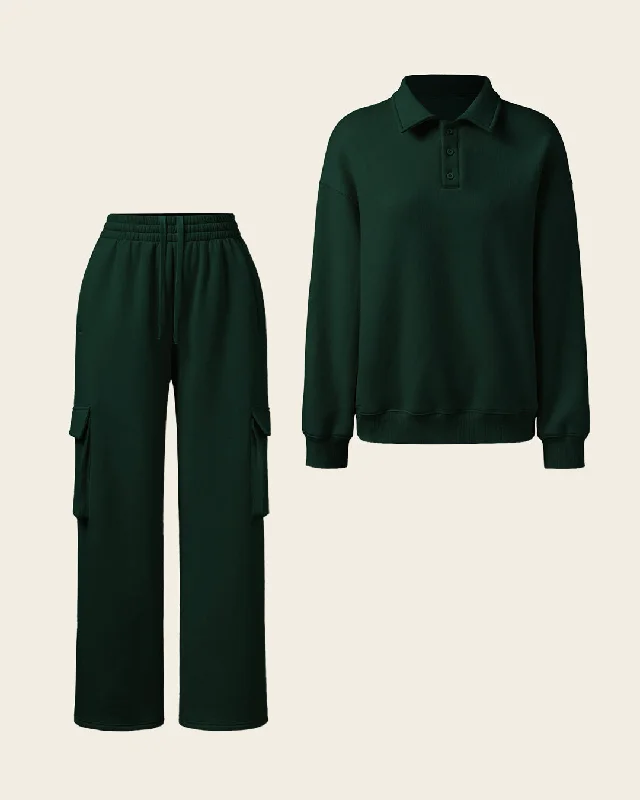 Polar Fleece Polo Sweatshirt & Elastic Waist Cargo Pants Two Piece Set In Bottle Green