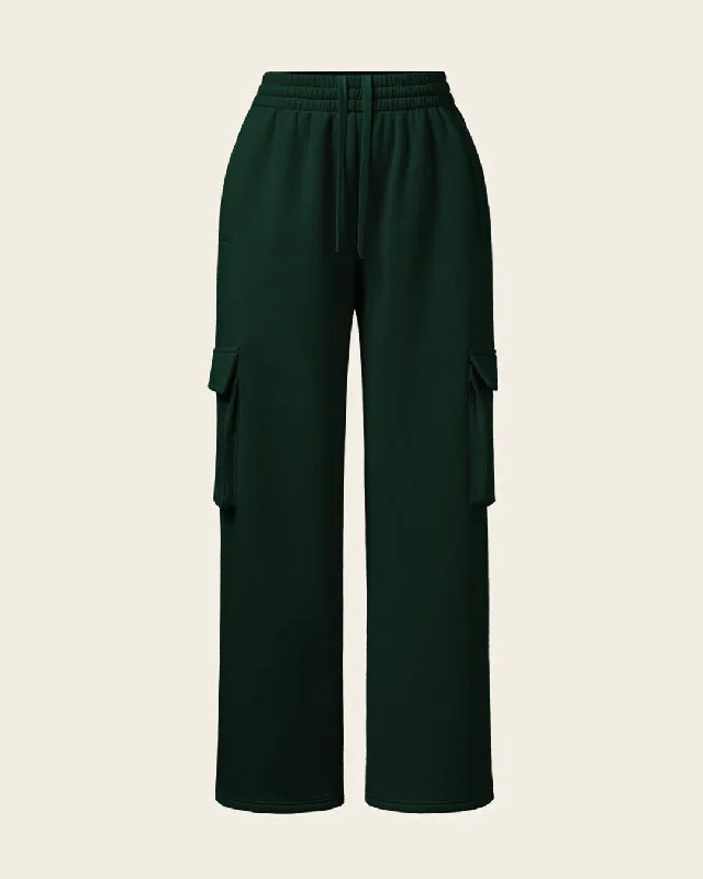 polar-fleece-polo-sweatshirt-elastic-waist-cargo-pants-two-piece-set-in-bottle-green