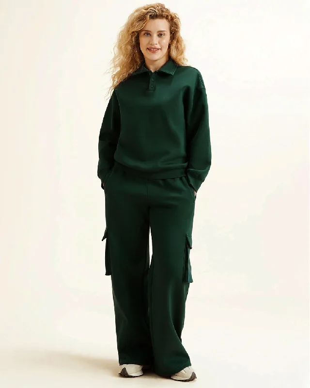 polar-fleece-polo-sweatshirt-elastic-waist-cargo-pants-two-piece-set-in-bottle-green