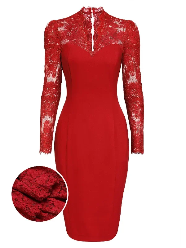 red-1960s-lace-long-sleeves-patchwork-dress