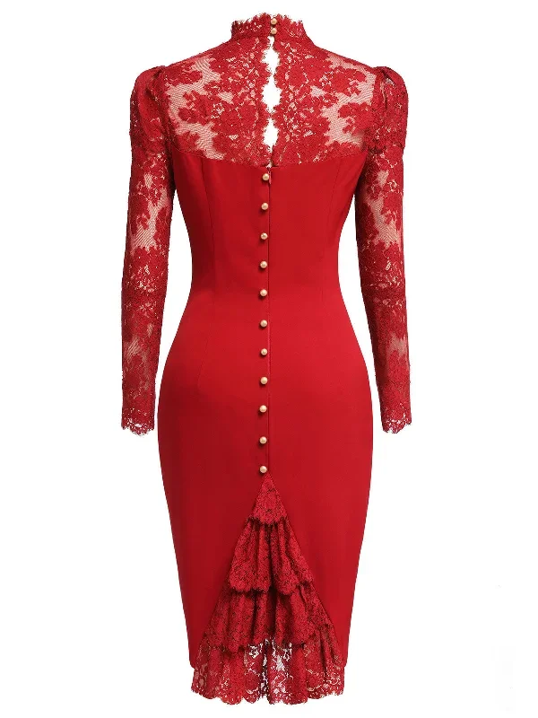 red-1960s-lace-long-sleeves-patchwork-dress