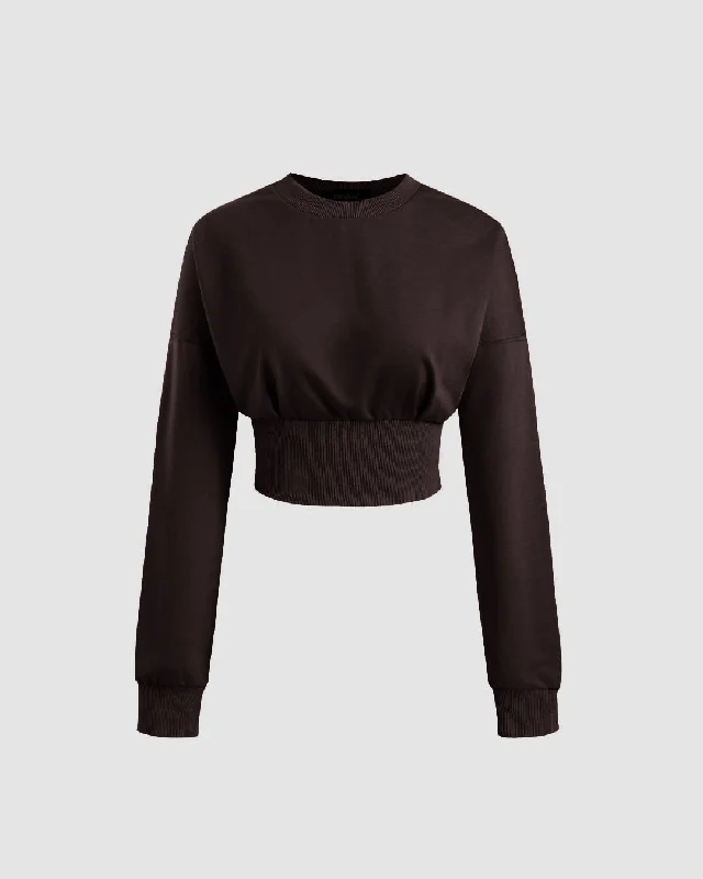 Round Neckline Ruched Sweatshirt In Chocolate Brown