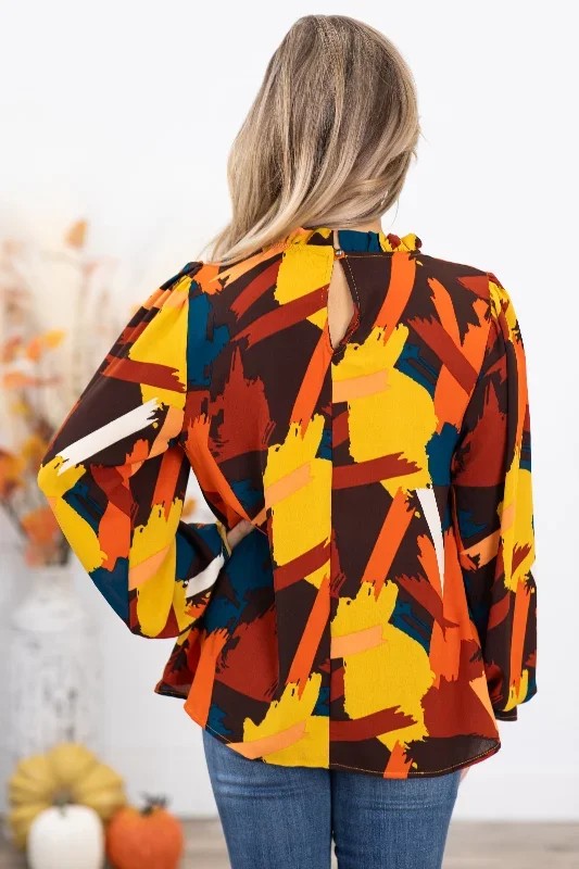 rust-and-mustard-abstract-print-bell-cuff-top