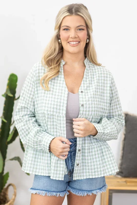 Sage Checkered Long Sleeve Button Up Woven Top