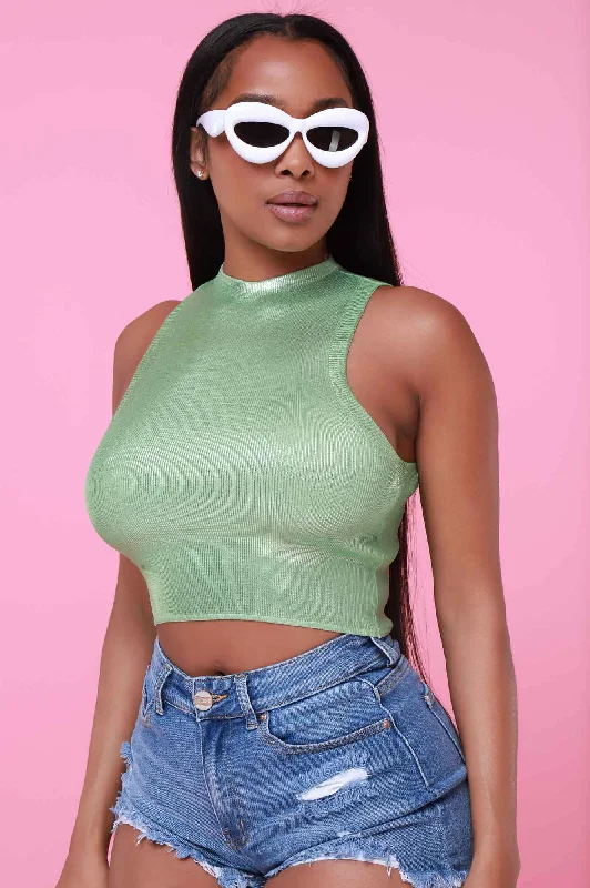 selfless-mock-neck-metallic-crop-top-green