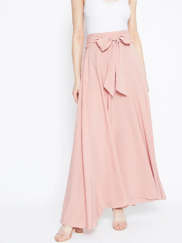 Berrylush Women Solid Pink Waist Tie-Up Flared Maxi Skirt