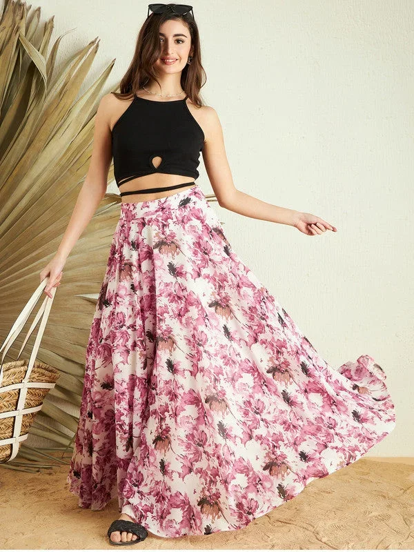 Berrylush Women Pink Floral Print High Rise A-Line Maxi Skirt