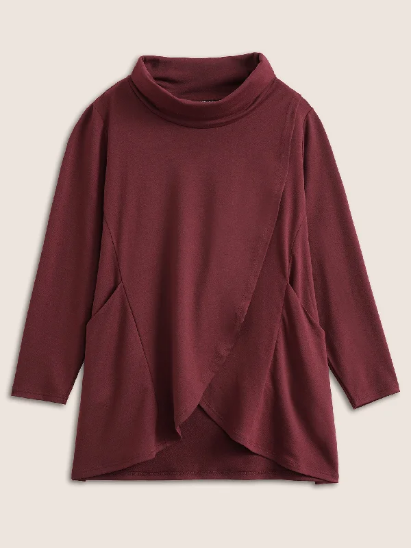 solid-turtleneck-pocket-wrap-hem-sweatshirt